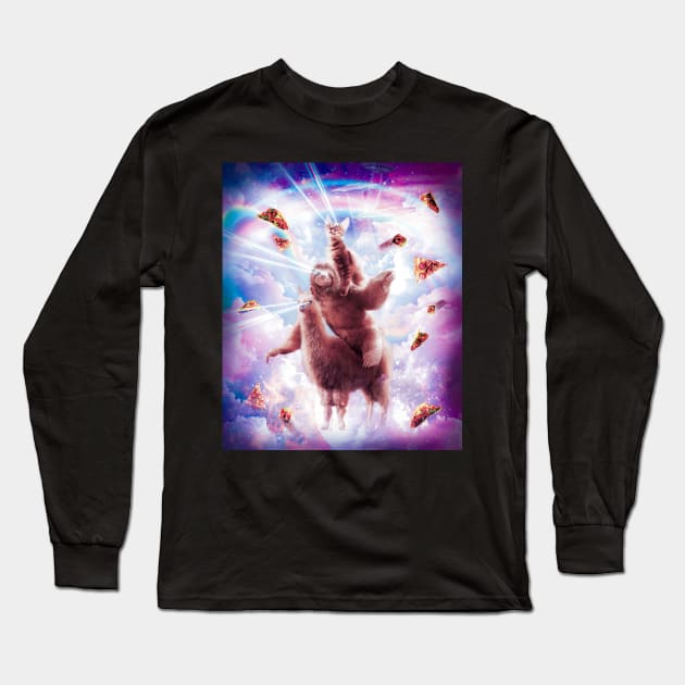 Laser Eyes Space Cat Riding Sloth, Llama - Rainbow Long Sleeve T-Shirt by Random Galaxy